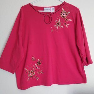 Women's Coral with Gold & Brown Floral Trim Alfred Dunner Top Size 1X